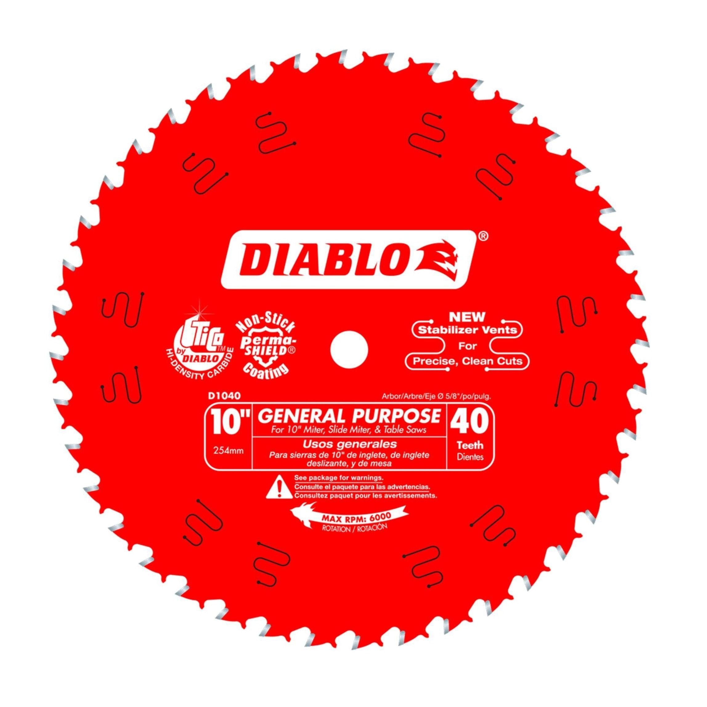 The Diablo D1040X 10 in. x 40-Teeth General Purpose Saw Blade features a TiCo Hi-Density carbide build with non-stick Perma-SHIELD coating, ideal for miter, slide, and table saws. It ensures clean cuts with stabilizer vents for precision.